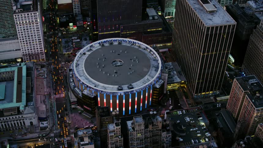 A stadium in a downtown area