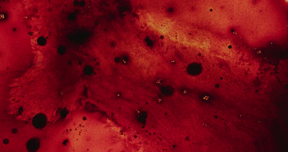 Abstract shapes and pulsing in dark red liquid with black spots