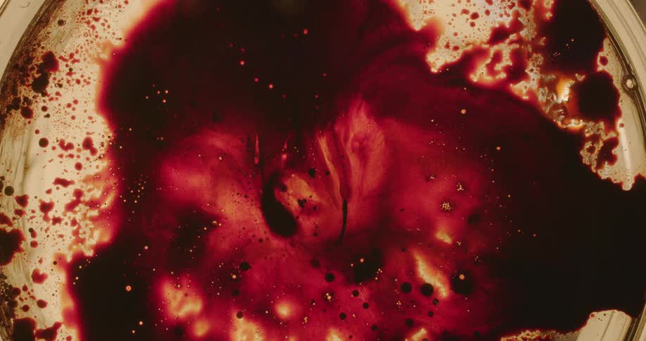 Dark red liquid splashed across a golden dish
