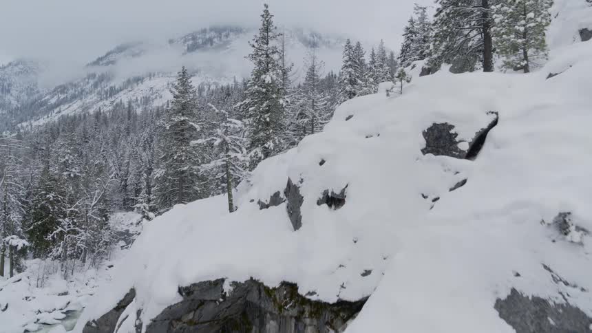 Flying over an icy creek to reveal a snowy mountain forest