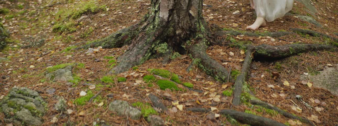 A woman in a dress walks barefoot in a forest