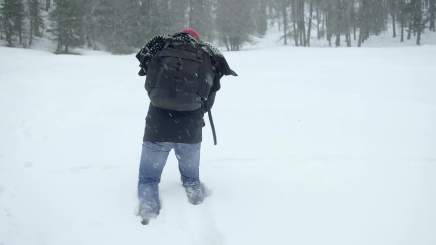 A hiker struggling to walking through a field of knee deep snow towards a pine forest as it snows heavily