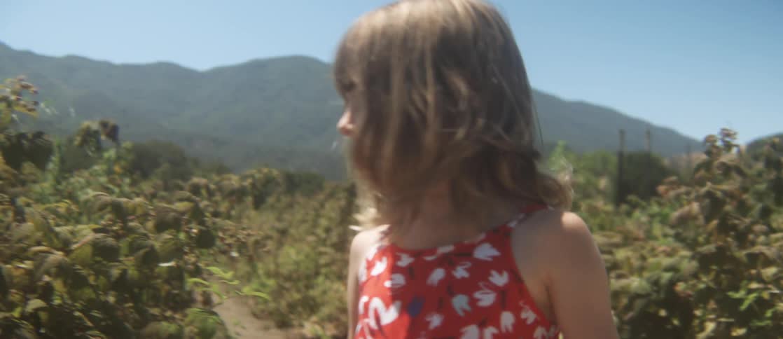 A young girl eating berries as she walks through a berry patch