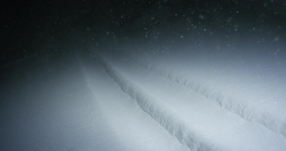 Ski tracks through falling snow at night