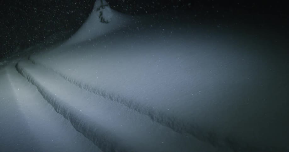 Snow falls on a road at night