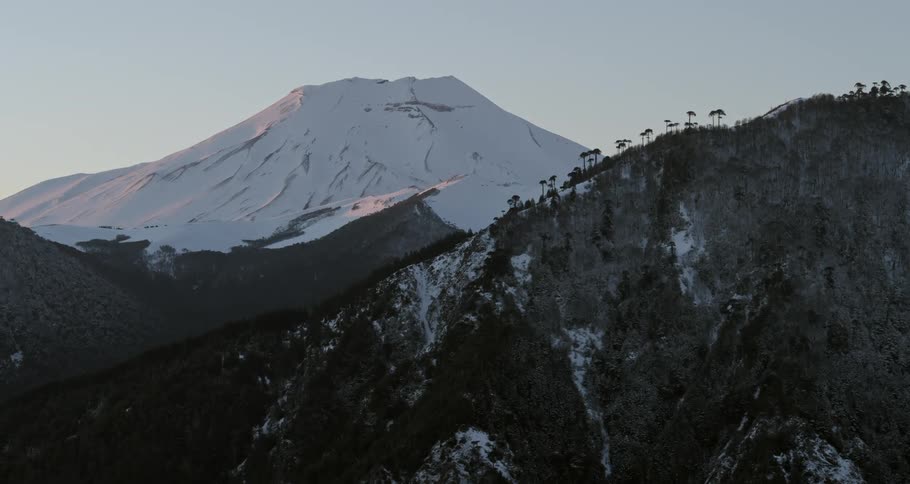 Aerial of a forest and a massive volcano beyond at dawn