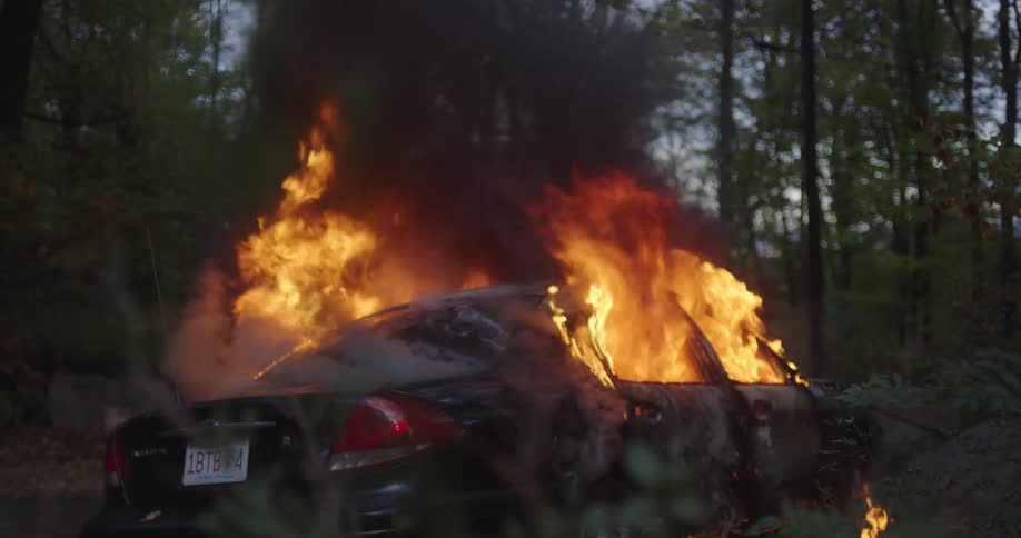 Car engulfed in flames in the forest