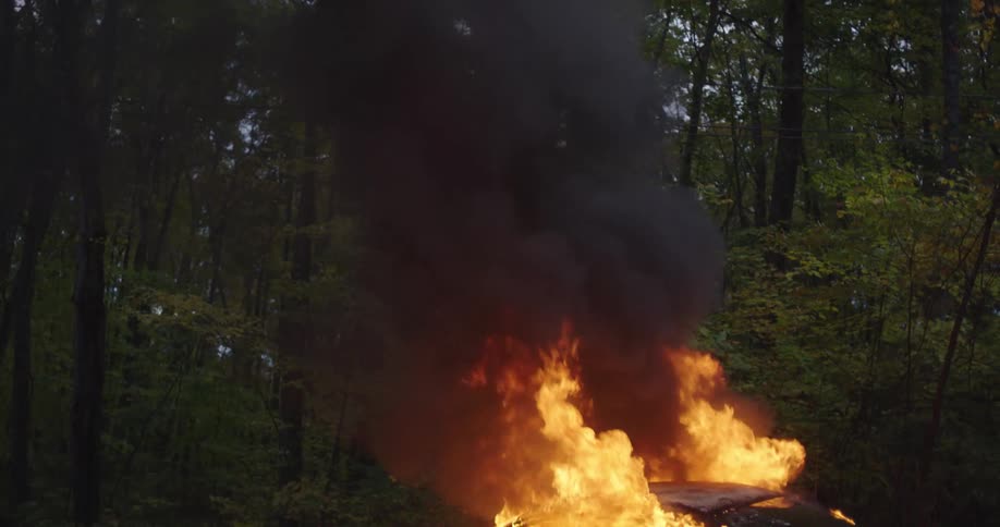 A car sits in the woods with flames shooting all over it