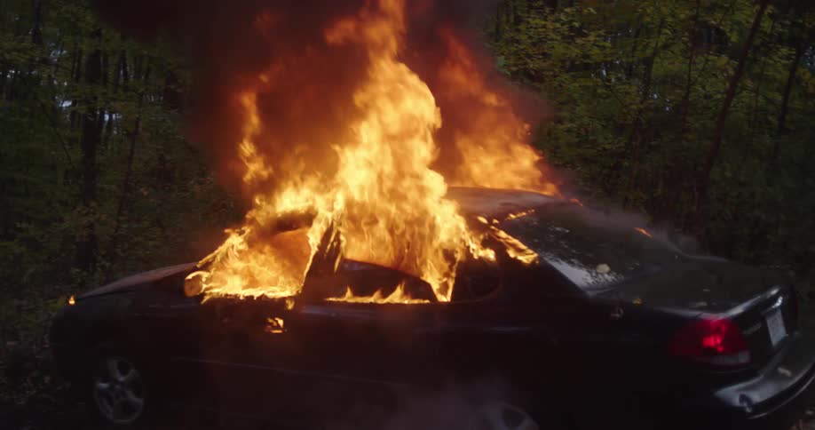 A car parked in a forest is on fire