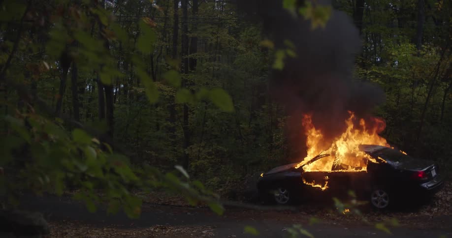 Black car engulfed in flames in the woods
