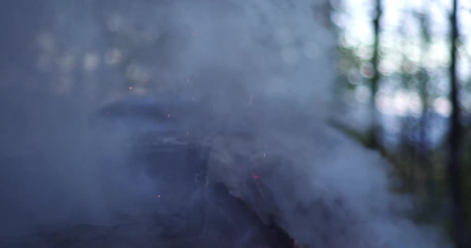 Flames burn around the gas tank of a car as smoke billows over a burned out car