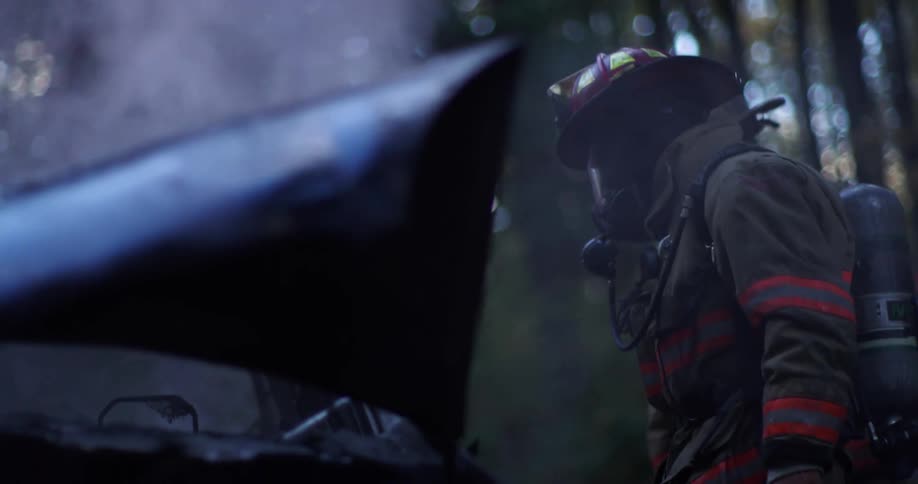 A group of firefighters approaching the burned wreckage of a vehicle in a woodland