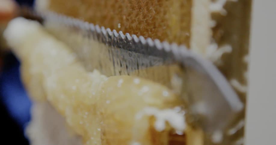 Close up of knife slicing honeycomb