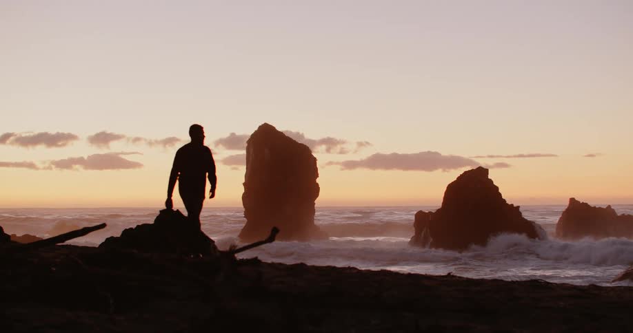 A man carrying a camera walks along the shore