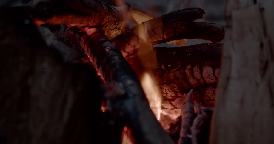 Flames lick at logs in a fire
