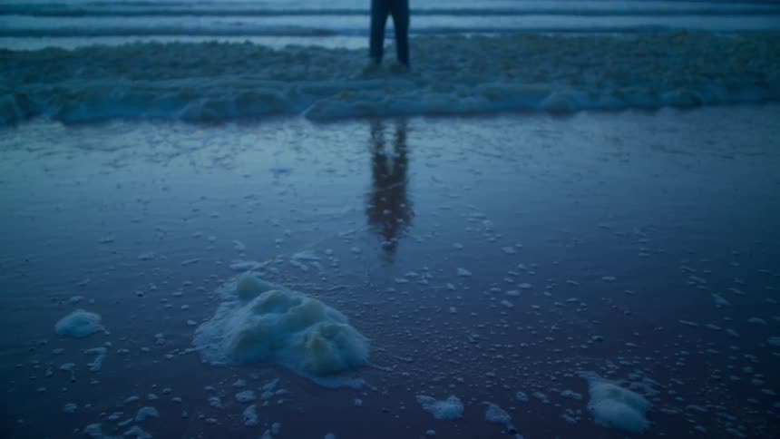 A man stands on the shore and looks out to the water
