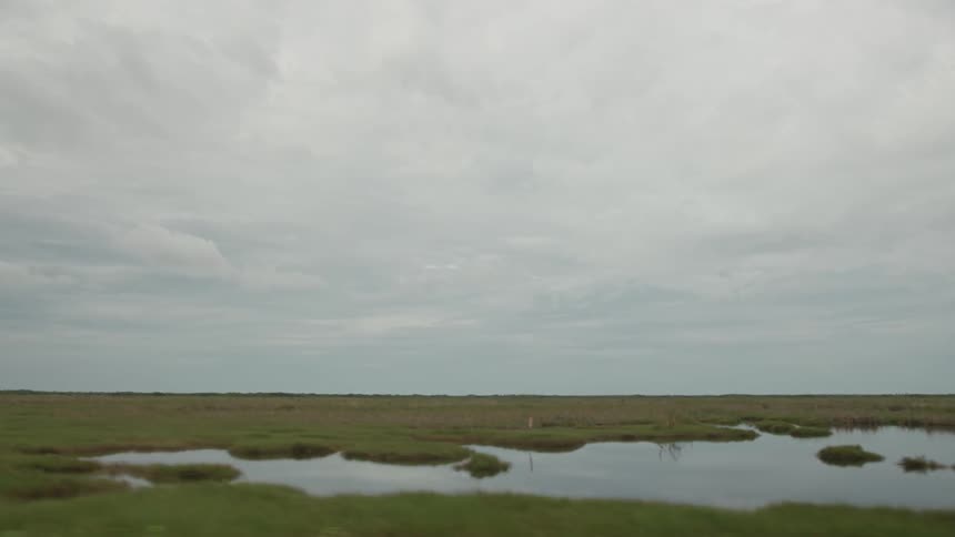 A large field has spots of water on a cloudy day