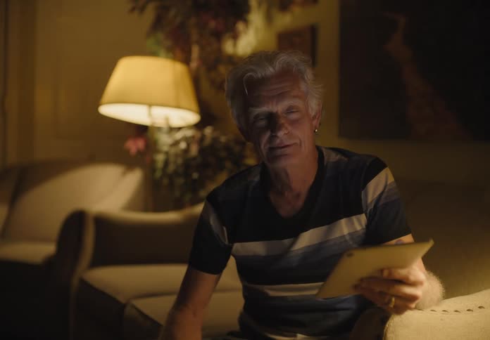 An old white man sits on a couch nodding and smiling while holding a tablet