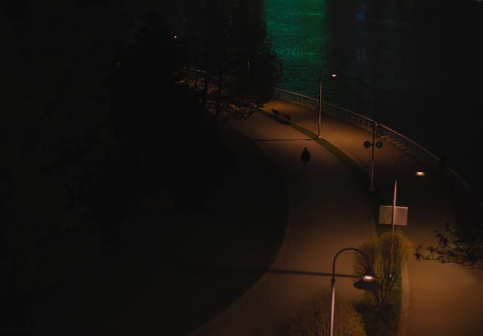 A walkway at night near a lake