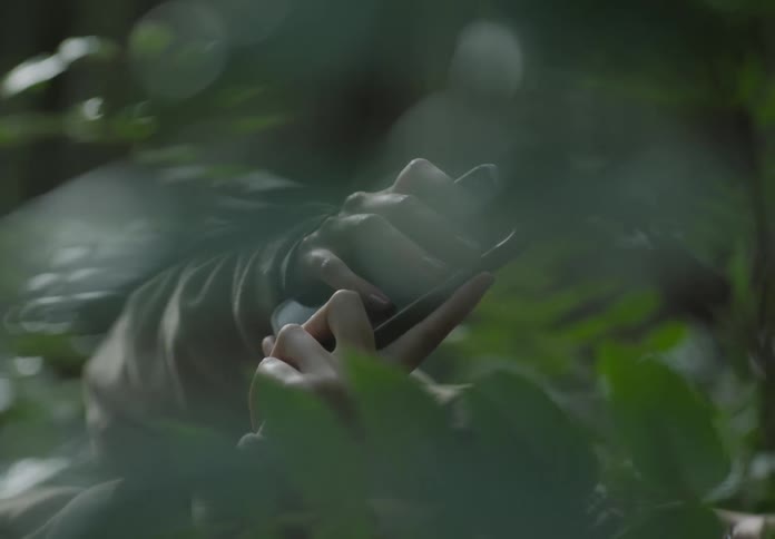 A person laying down on leaves looking at a smart phone