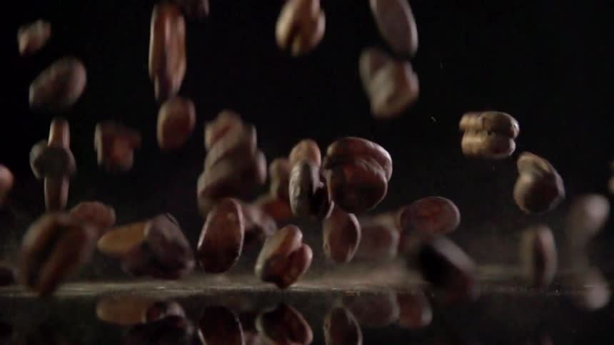 Pecans falling onto a reflective black surface in a dark room