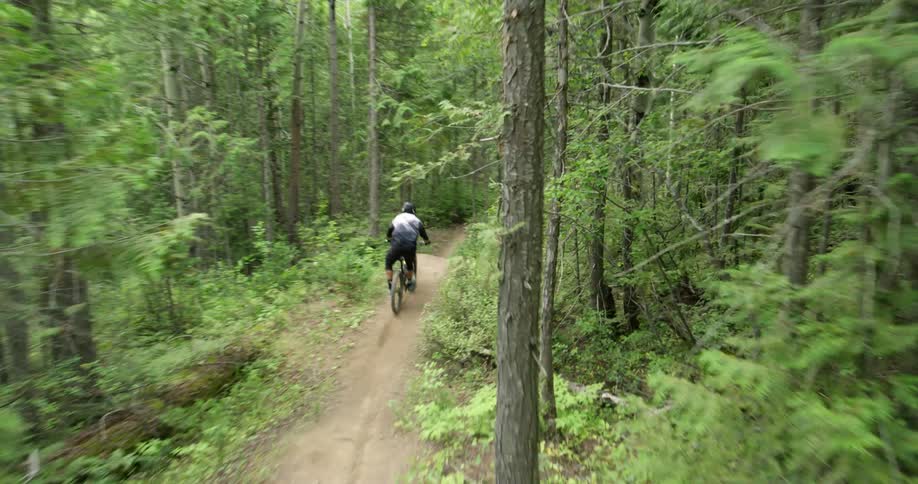 High-speed cablecam chase of mountain biker on trail