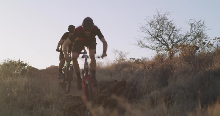 Two people ride bikes through a tall grassland