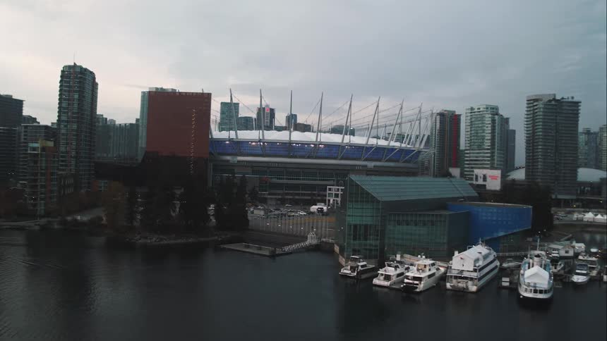 Vancouver Stadium and downtown aerial over False Creek
