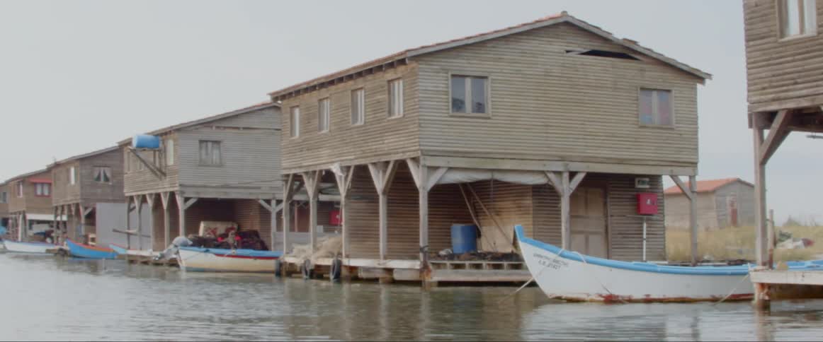 Several houses with docks line the shore of a body of water