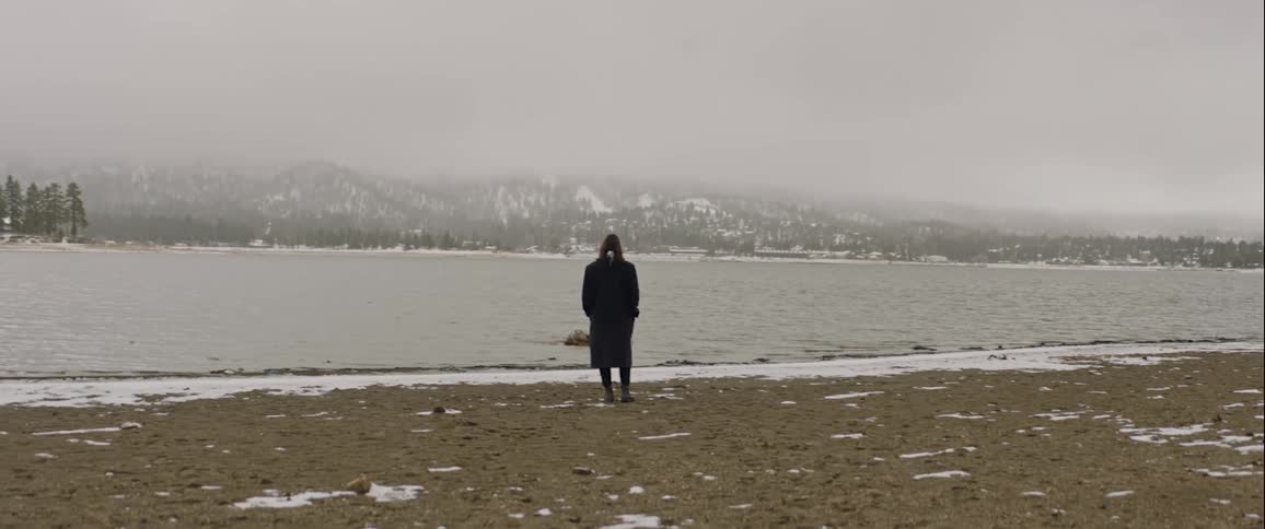A person dressed in black stands on a beach facing a body of water