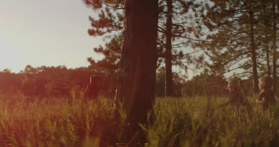 A boy carrying an axe leads his younger brothers through the grass on a sunny day