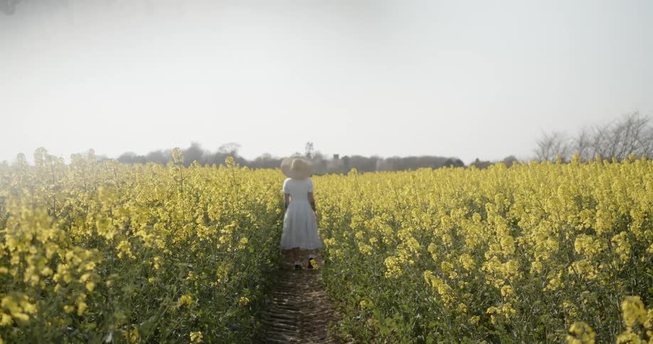 Woman in white dress and sun hat stands on a dirt road surrounded by yellow flowers