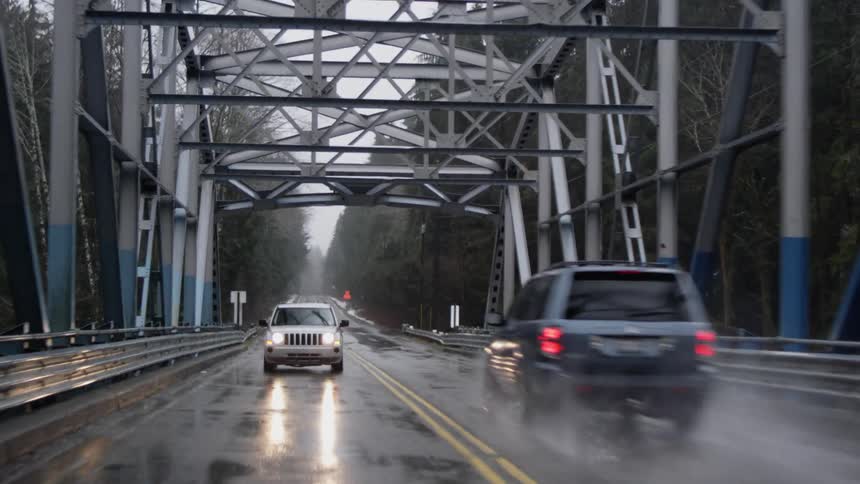 Cars drive over a metal bridge out in a forest