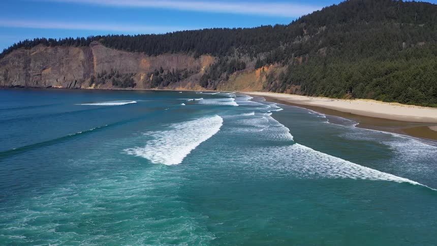 Aerial view of a beach in front of mountains covered in pine forest at day