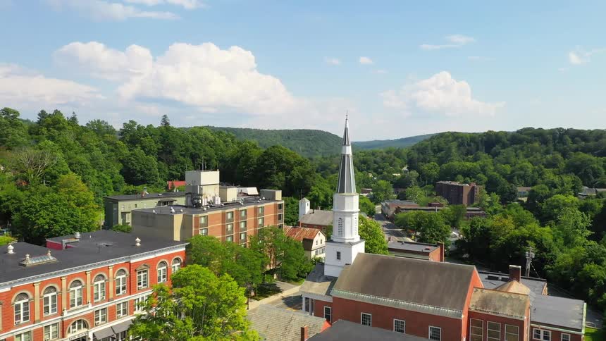 A quaint small town is surrounded by lush green forest