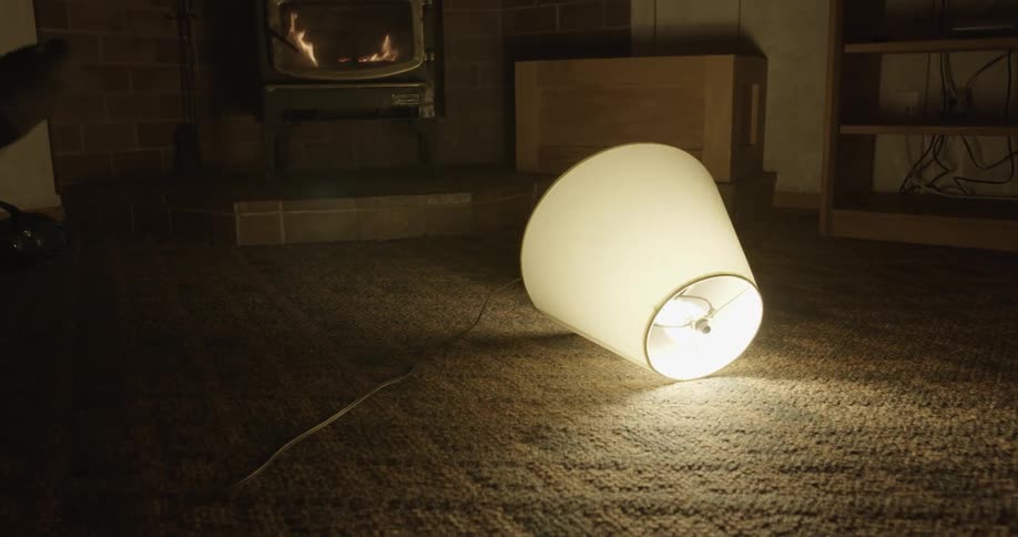 Tipped over lamp on carpet in front of fireplace