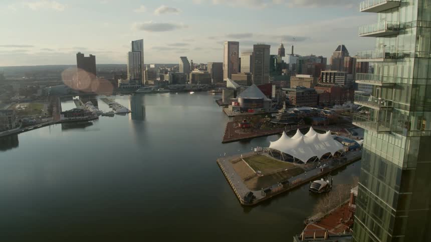 A downtown area sits near the water