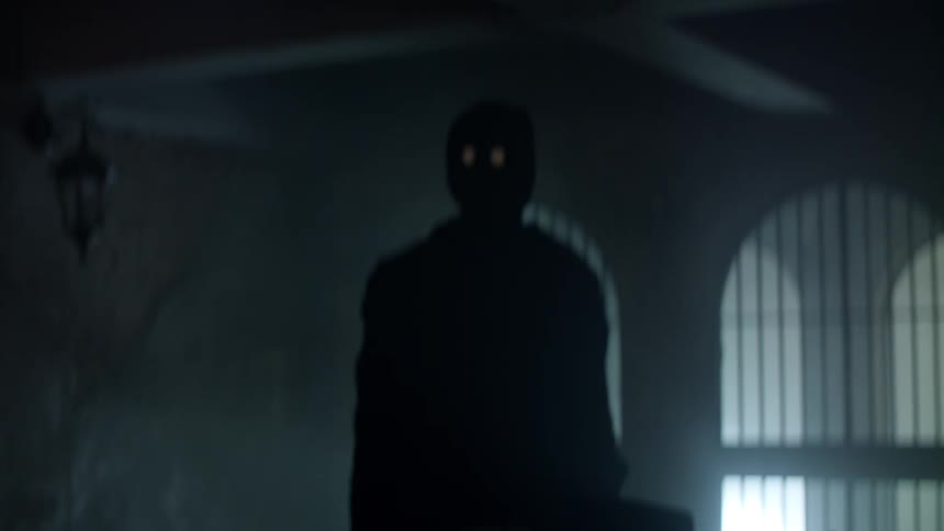 A performer in a costume and mask stands still