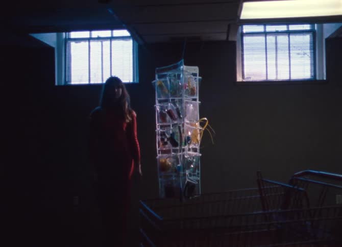 A woman with a red suit walking around a transparent plastic organizer