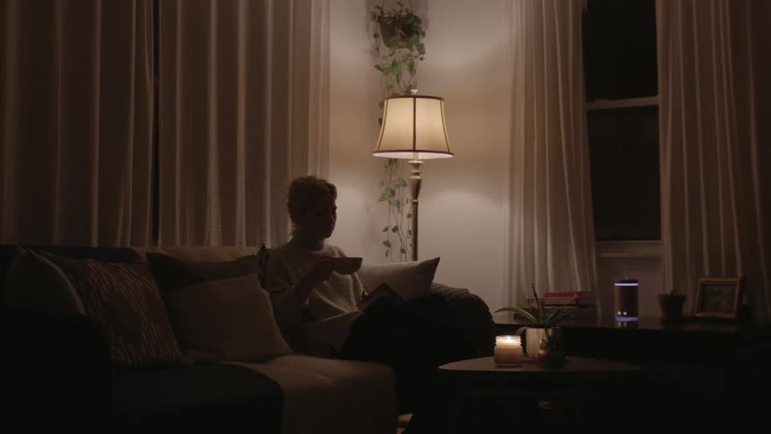 The woman relaxes on the sofa