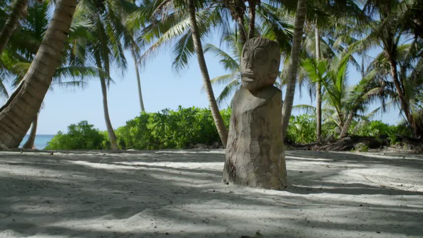 Palm trees surround a sandy area with a scupltued totem