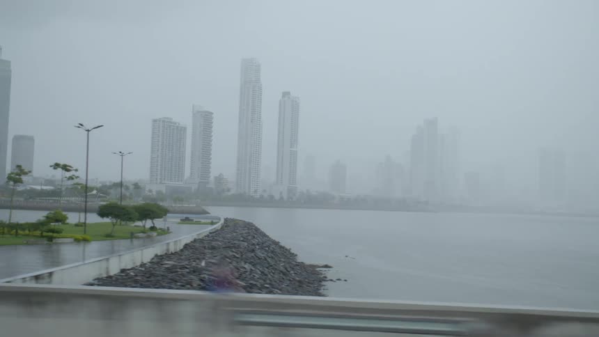 The shore ocean and skyline in the background