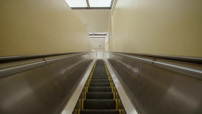 An escalator goes up towards a floor with skylights