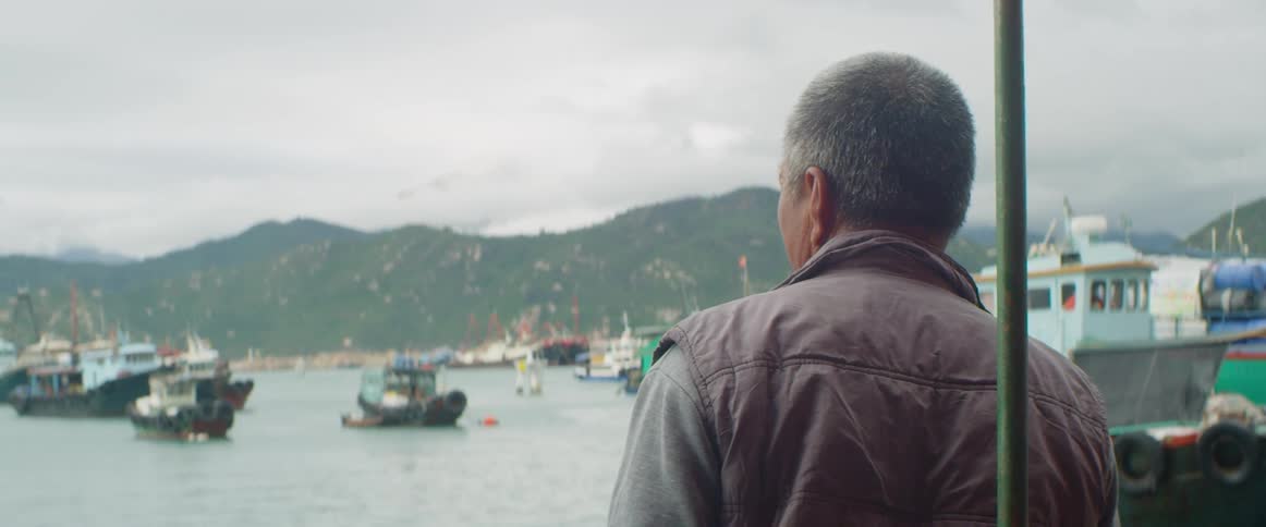 A man stands and looks at the boats on the water