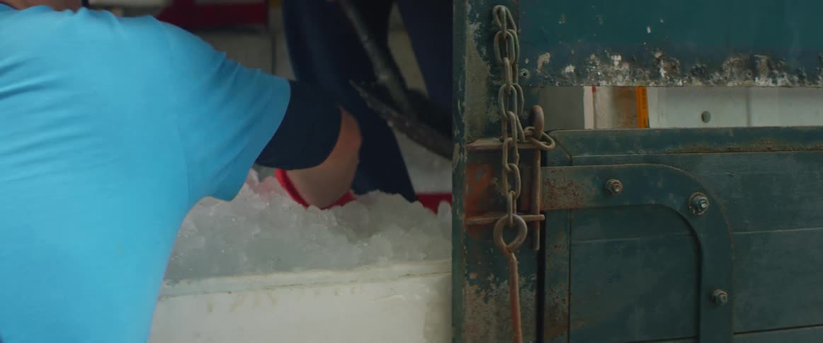 A person using a shovel to put ice in a barrel while another person pats it down with gloves