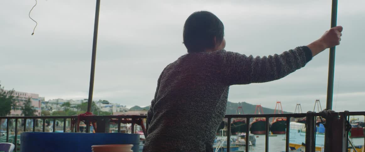 Aperson sitting outdoors on a balcony on a cloudy day looking out over a waterfront filled with boats and ships