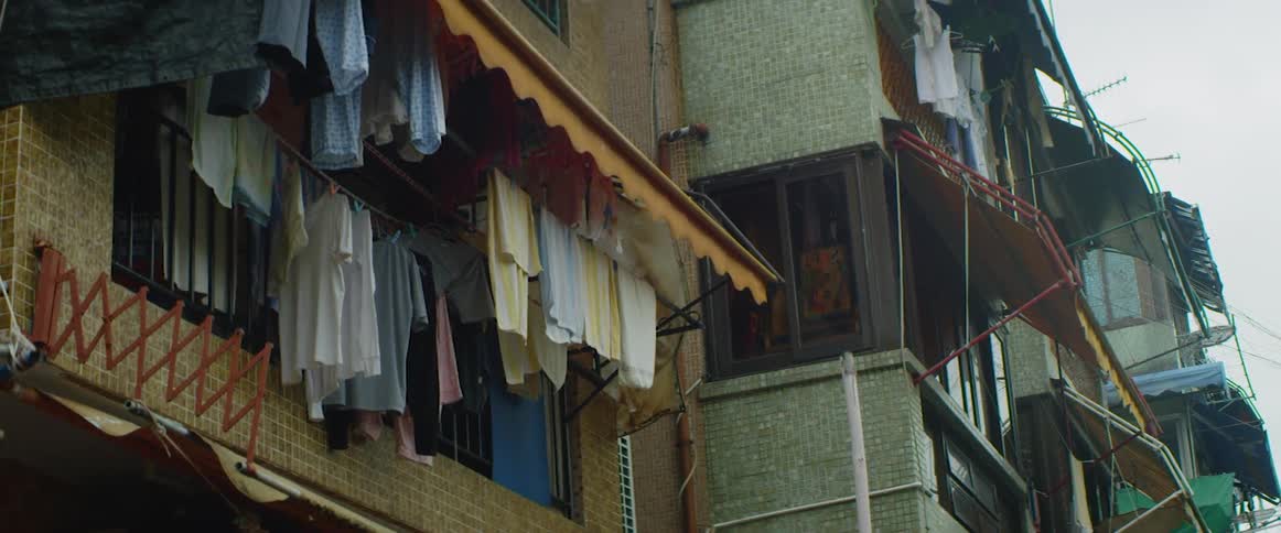 Clothing hung up in front of a building