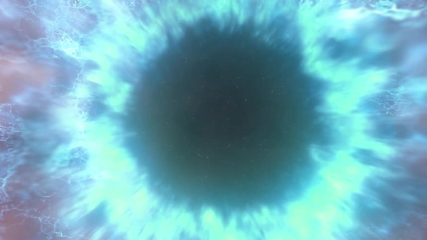Space transforms into bright blue ring surrounded by orange streaks