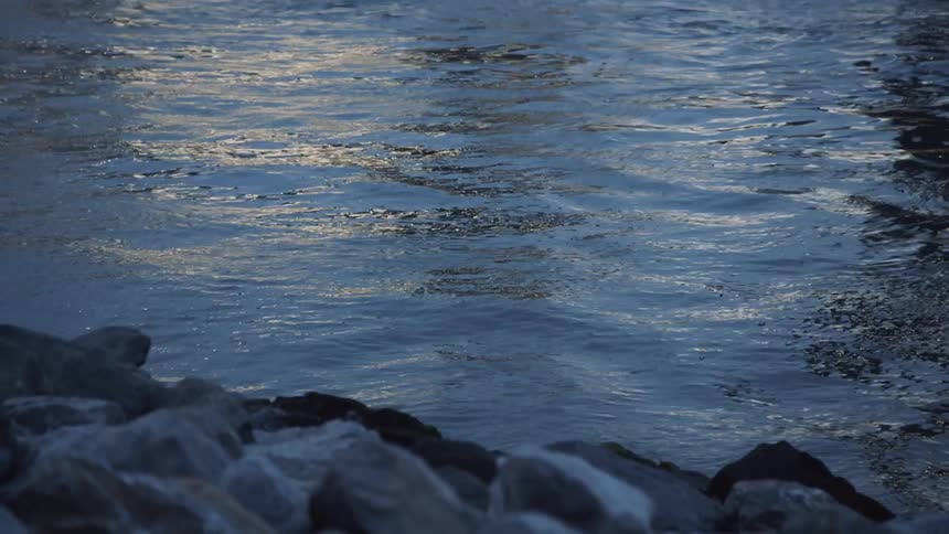 Water waves lap against a rocky shore