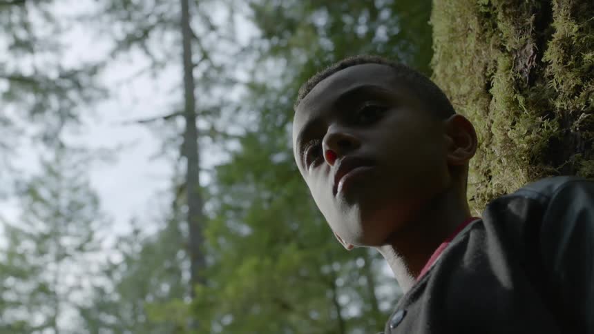Child standing in forest against moss covered rock